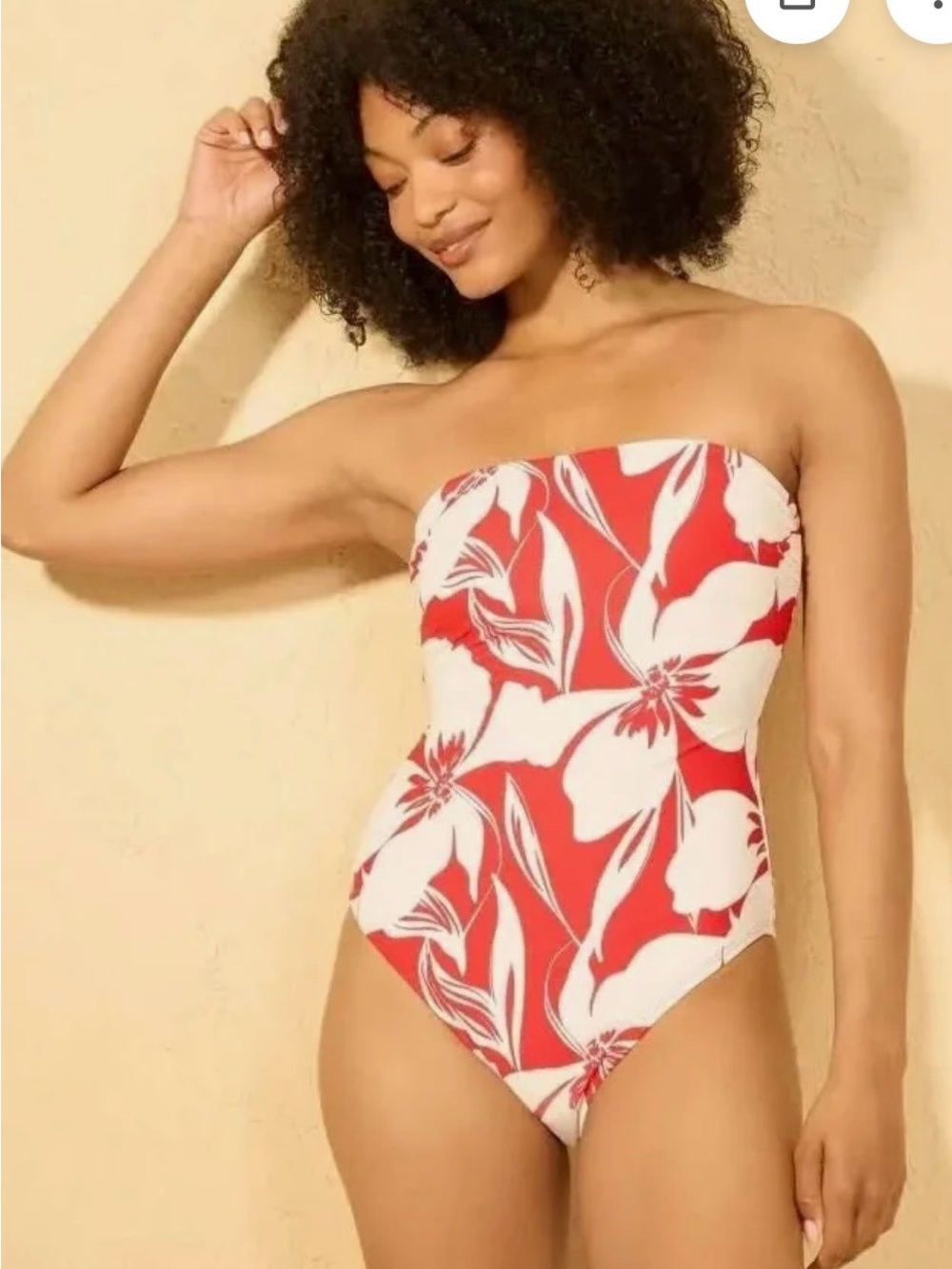Strapless Red & White Floral One-Piece Swimsuit